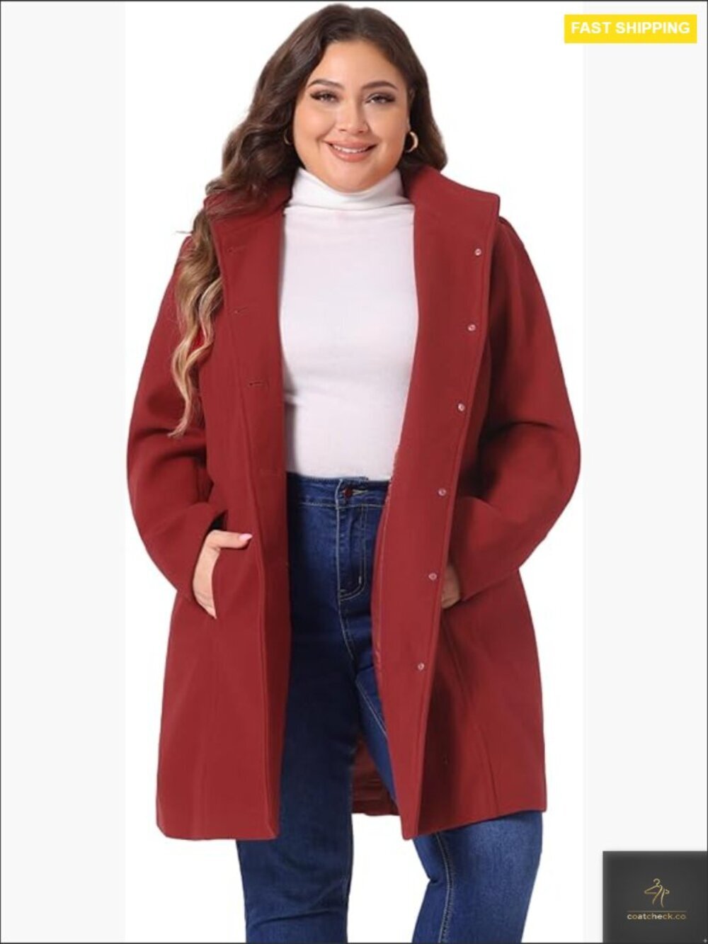Elegant Pea Coat Single Breasted Trench Jacket Detachable Hood Plus Size